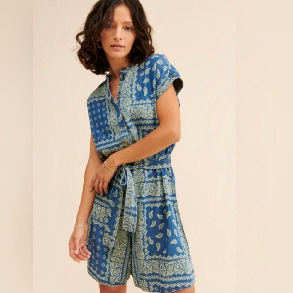 Current Air Bandana Manda Shorts Romper Size Large Lyocell Indigo Blue
